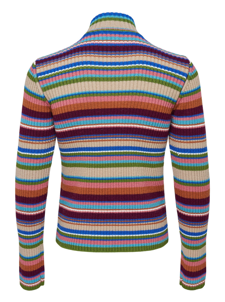 Dries Van Noten fitted rib cardigan with multicoloured horizontal stripes, a green and beige jacquard front panel, and dual zip closure - view 2