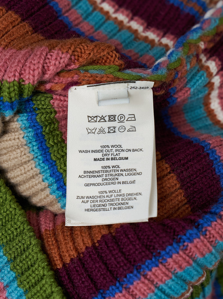 Dries Van Noten fitted rib cardigan with multicoloured horizontal stripes, a green and beige jacquard front panel, and dual zip closure - view 3
