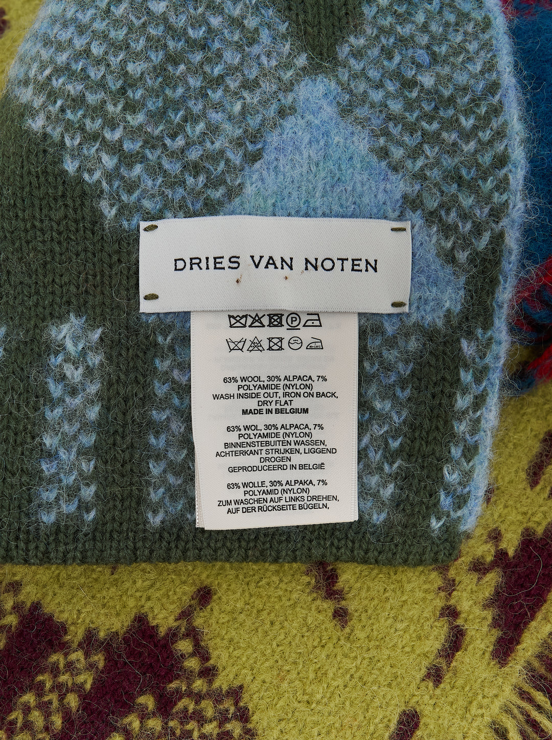Dries Van Noten long knit scarf with patchwork argyle and floral jacquard panels in blue, red, burgundy, olive and rust, with fringed edges - view 2