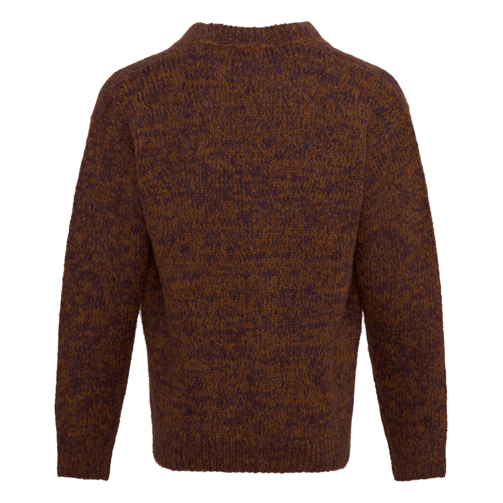 Dries Van Noten loose fit V-neck cardigan in marled amber and burgundy bouclé knit with dark horn-style buttons and patch pockets - view 2