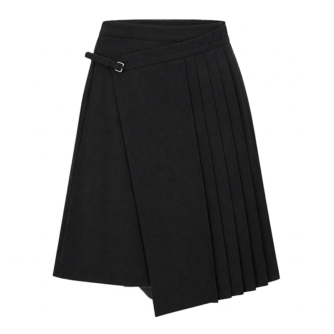 Dries Van Noten black pleated wrap kilt skirt with diagonal buckle waistband and asymmetric knife-pleated hem, shot on a white background