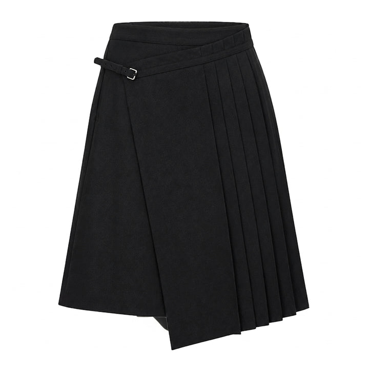 Dries Van Noten black pleated wrap kilt skirt with diagonal buckle waistband and asymmetric knife-pleated hem, shot on a white background