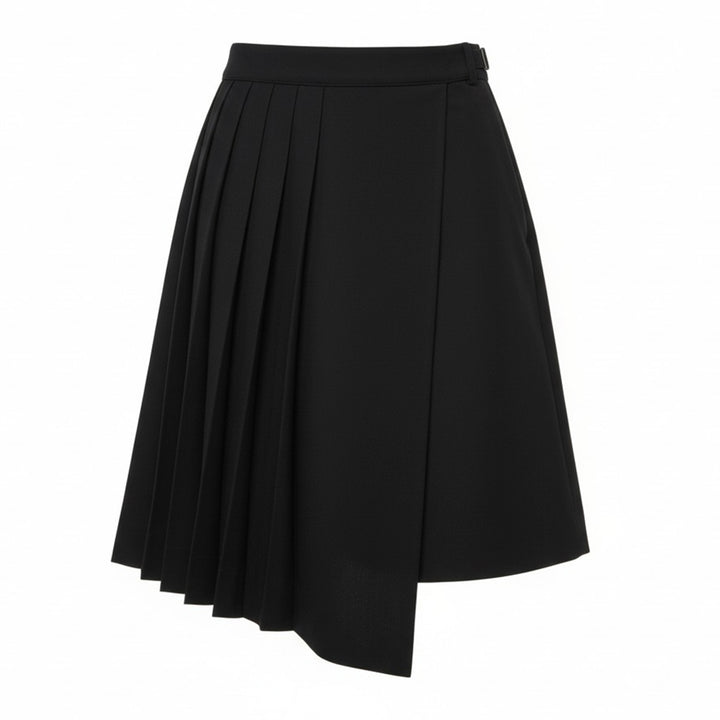 Dries Van Noten black pleated wrap kilt skirt with diagonal buckle waistband and asymmetric knife-pleated hem, shot on a white background - view 2