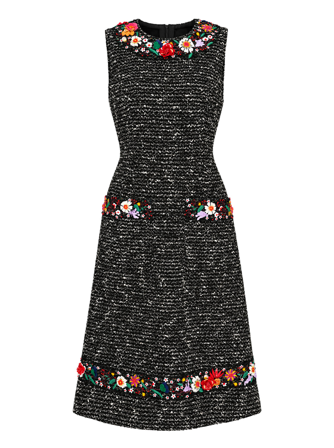 Carolina Herrera sleeveless knee-length black and white tweed dress with colourful three-dimensional floral embellishment at the neckline, pockets and hem