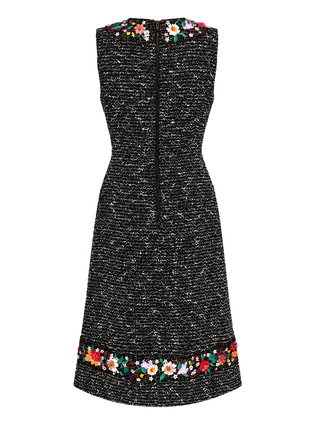Carolina Herrera sleeveless knee-length black and white tweed dress with colourful three-dimensional floral embellishment at the neckline, pockets and hem - view 2