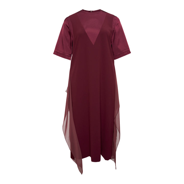 Undercover Layered Effect Midi Dress in deep burgundy, featuring a V-shaped satin chest panel, short sleeves, and sheer chiffon overlay panels falling to an asymmetric handkerchief hem