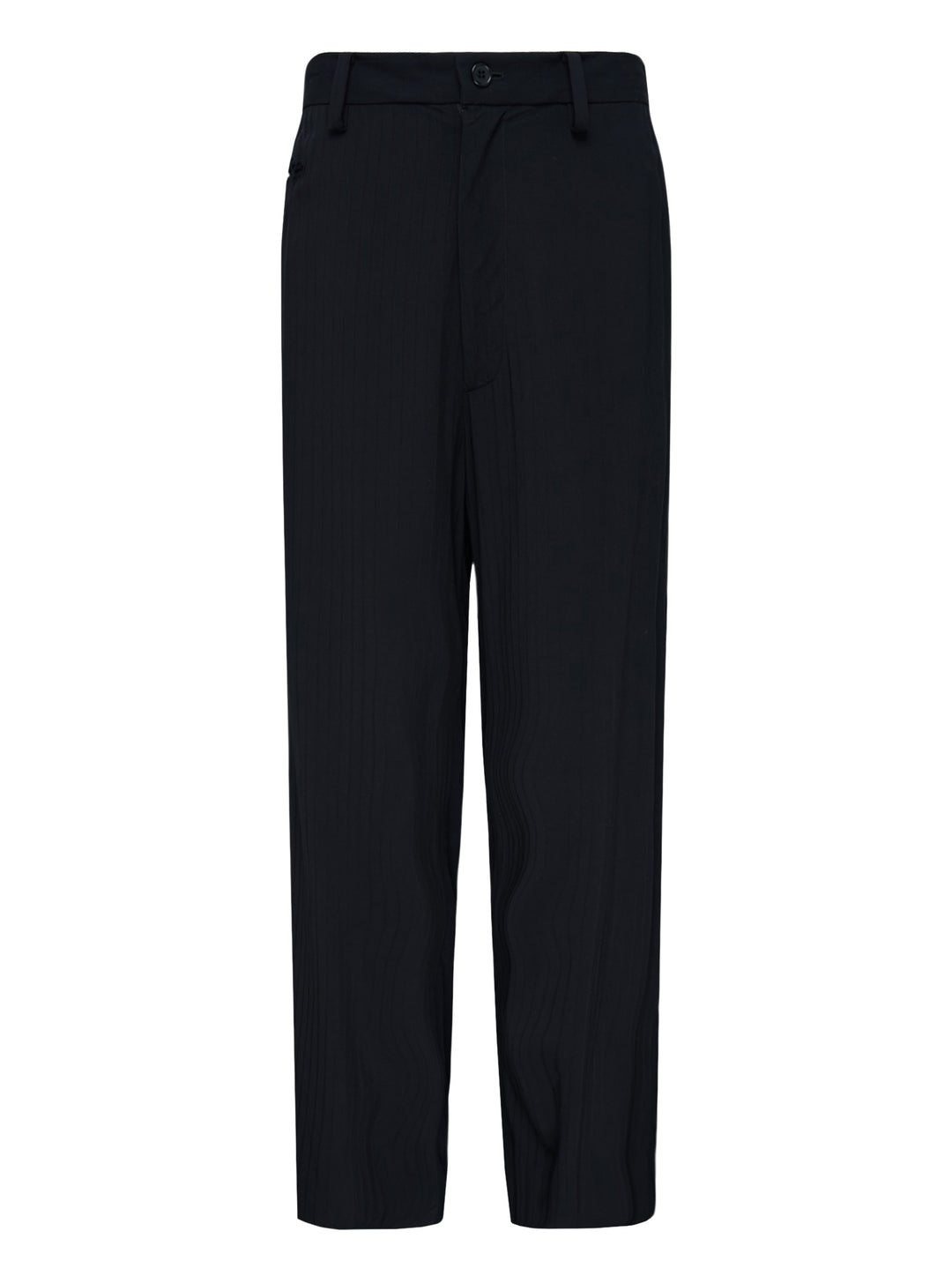 Undercover black stripe wool pants with tonal pinstripe texture, button waistband and straight leg, shown front view