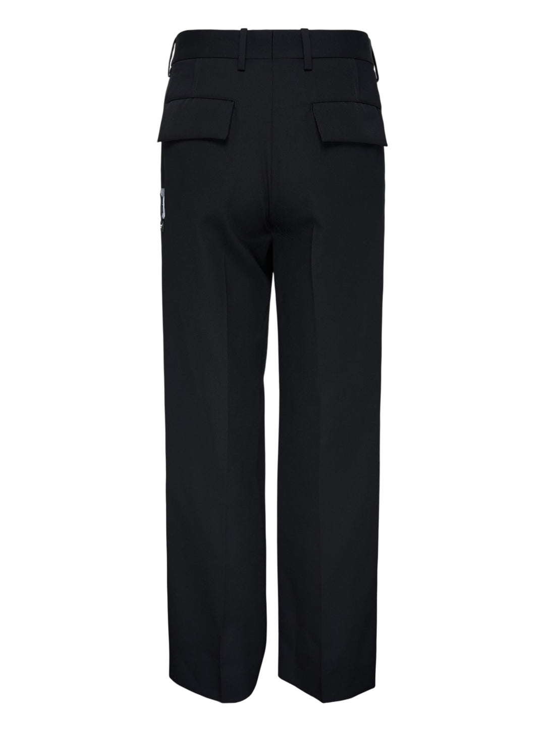 Undercover Cindy Sherman Patch Trousers in black, front view showing straight-leg tailored cut with pressed crease and patch detail - view 2