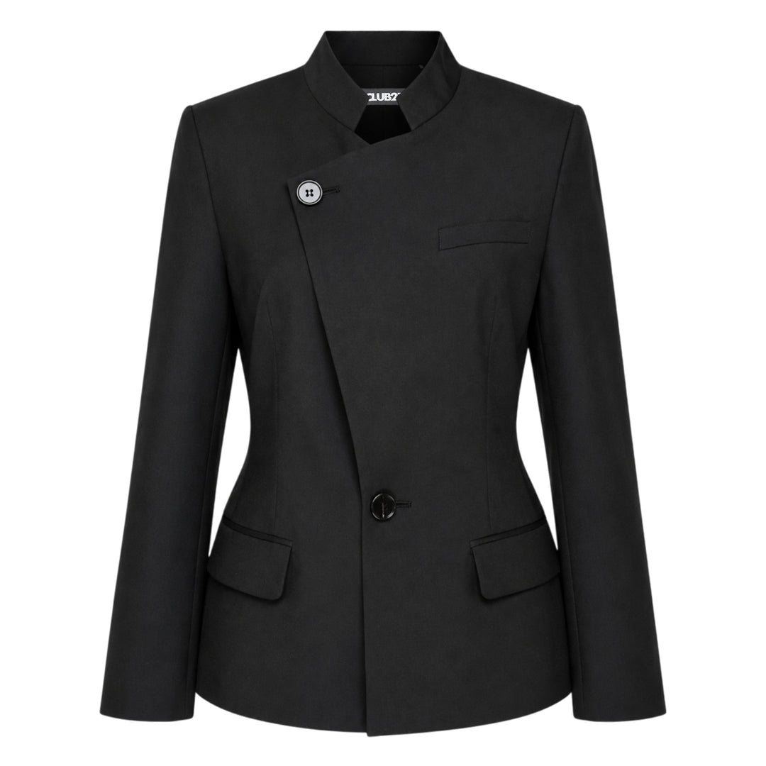 Club21 Collection Maeve Sartorial Wool Mix Jacket in taupe, featuring a mandarin collar, asymmetric diagonal front panel with two-button fastening, welt breast pocket, and twin flap hip pockets