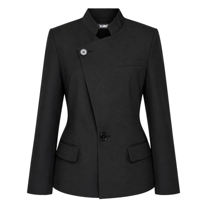 Club21 Collection Maeve Sartorial Wool Mix Jacket in taupe, featuring a mandarin collar, asymmetric diagonal front panel with two-button fastening, welt breast pocket, and twin flap hip pockets