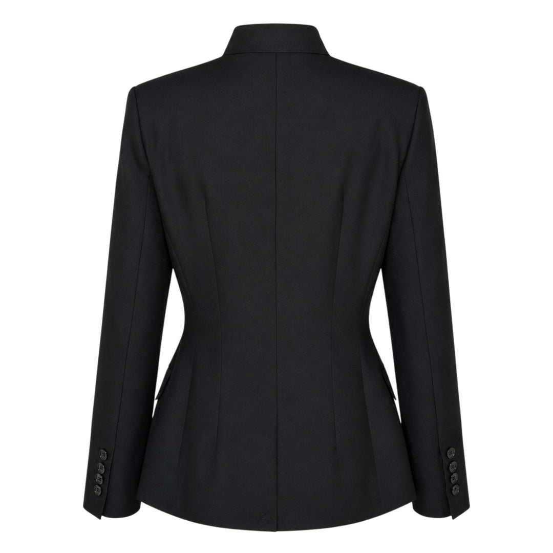 Club21 Collection Maeve Sartorial Wool Mix Jacket in taupe, featuring a mandarin collar, asymmetric diagonal front panel with two-button fastening, welt breast pocket, and twin flap hip pockets