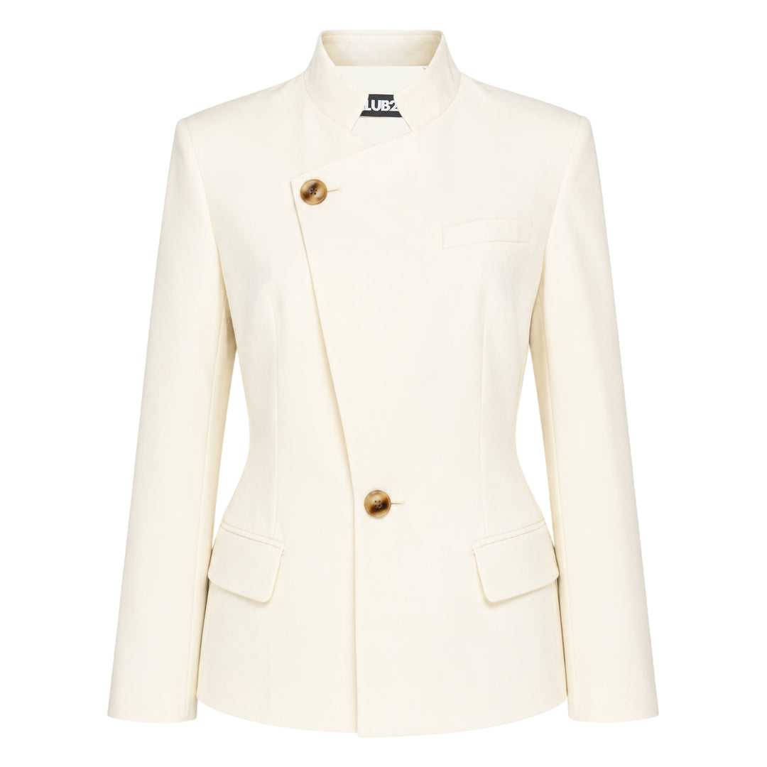 Club21 Collection Maeve Sartorial Wool Mix Jacket in taupe, featuring a mandarin collar, asymmetric diagonal front panel with two-button fastening, welt breast pocket, and twin flap hip pockets