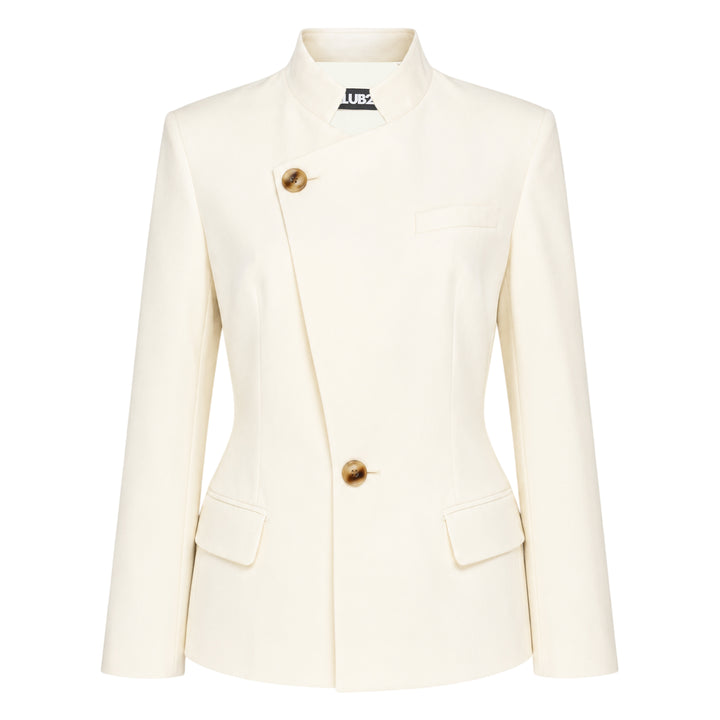 Club21 Collection Maeve Sartorial Wool Mix Jacket in taupe, featuring a mandarin collar, asymmetric diagonal front panel with two-button fastening, welt breast pocket, and twin flap hip pockets