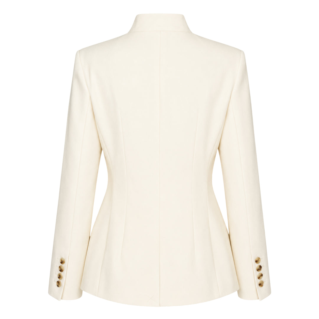 Club21 Collection Maeve Sartorial Wool Mix Jacket in taupe, featuring a mandarin collar, asymmetric diagonal front panel with two-button fastening, welt breast pocket, and twin flap hip pockets