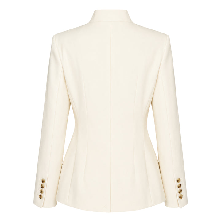 Club21 Collection Maeve Sartorial Wool Mix Jacket in taupe, featuring a mandarin collar, asymmetric diagonal front panel with two-button fastening, welt breast pocket, and twin flap hip pockets