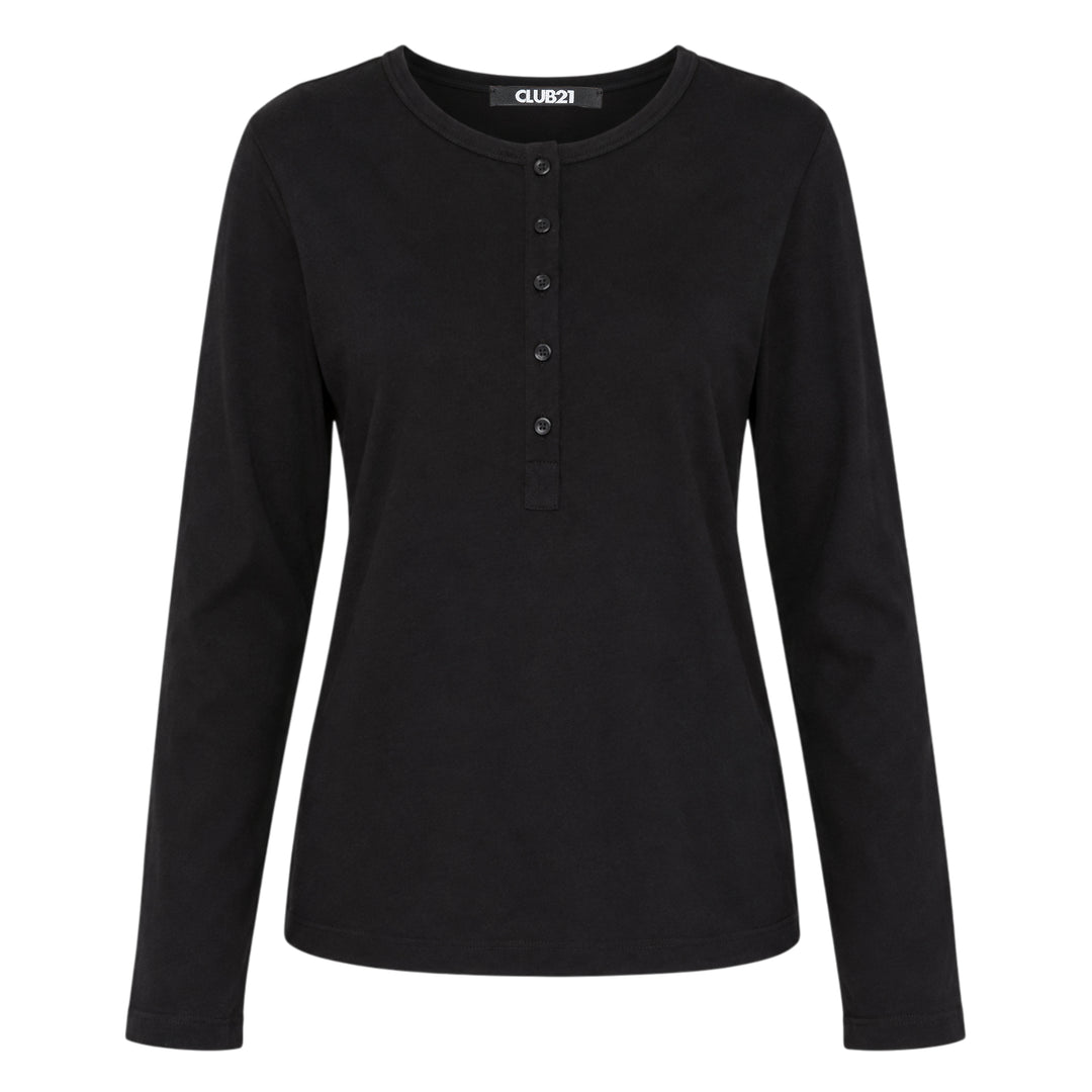 Club21 Collection black long sleeve Henley knit top with tonal button placket and ribbed crew neckline, displayed on a ghost mannequin against a white background