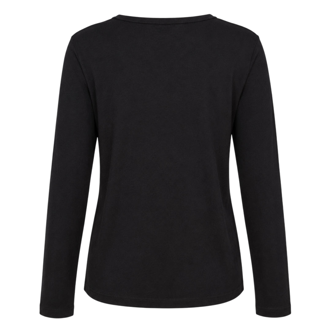 Club21 Collection black long sleeve Henley knit top with tonal button placket and ribbed crew neckline, displayed on a ghost mannequin against a white background