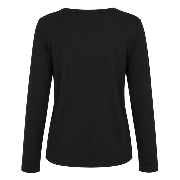 Club21 Collection black long sleeve Henley knit top with tonal button placket and ribbed crew neckline, displayed on a ghost mannequin against a white background