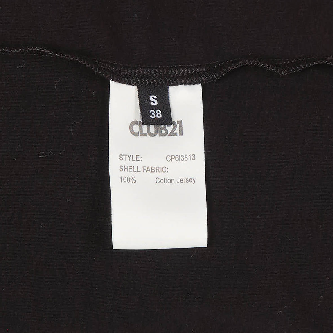 Club21 Collection black long sleeve Henley knit top with tonal button placket and ribbed crew neckline, displayed on a ghost mannequin against a white background