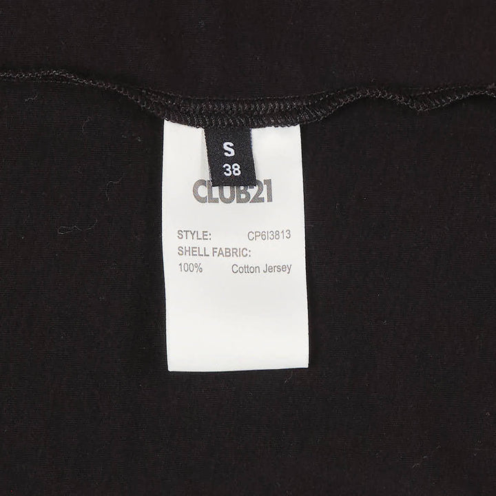 Club21 Collection black long sleeve Henley knit top with tonal button placket and ribbed crew neckline, displayed on a ghost mannequin against a white background