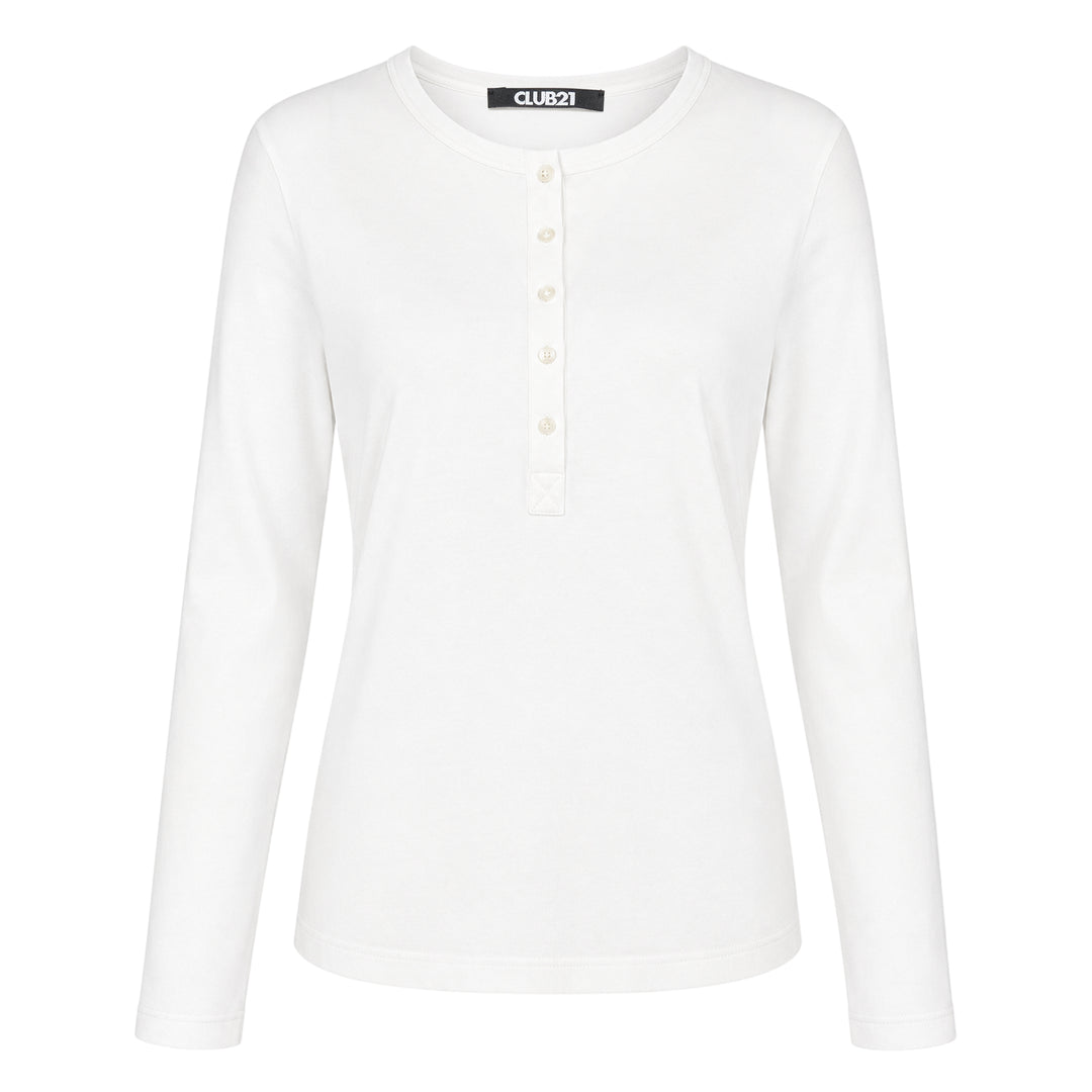 Club21 Collection black long sleeve Henley knit top with tonal button placket and ribbed crew neckline, displayed on a ghost mannequin against a white background
