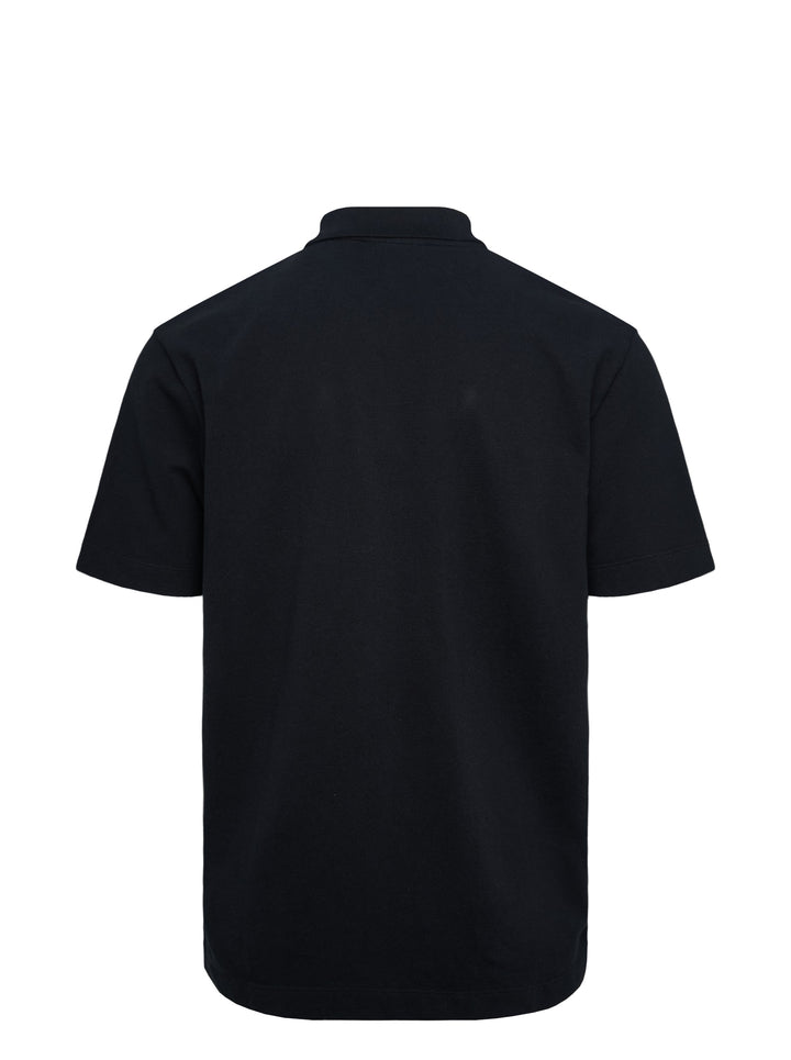 Maison Kitsuné black short sleeve comfort polo shirt with red embroidered running fox logo at the chest and three-button placket - view 2
