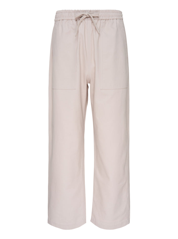 Maison Kitsuné Workwear Wide Leg Pants in blush beige with elasticated drawstring waist and front patch pockets, straight wide-leg silhouette, front view on white background