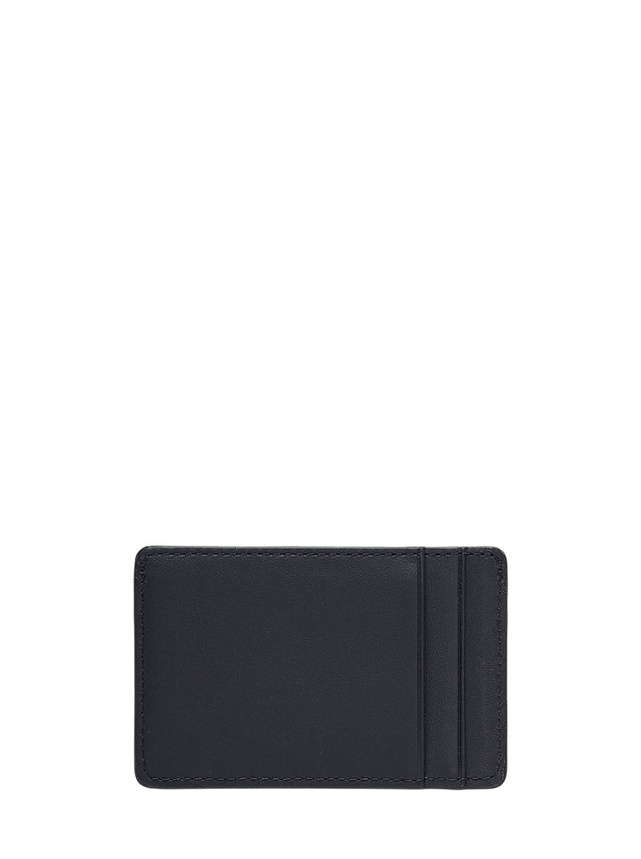 Black leather Maison Kitsuné Fortune Fox cardholder with multiple card slots and a blue fox logo in the lower corner - view 2