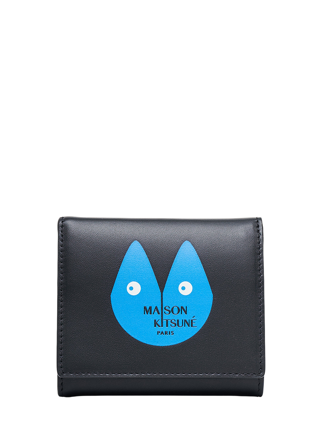Black leather Maison Kitsuné trifold wallet with a blue fox-face graphic and Maison Kitsuné Paris logo on the front