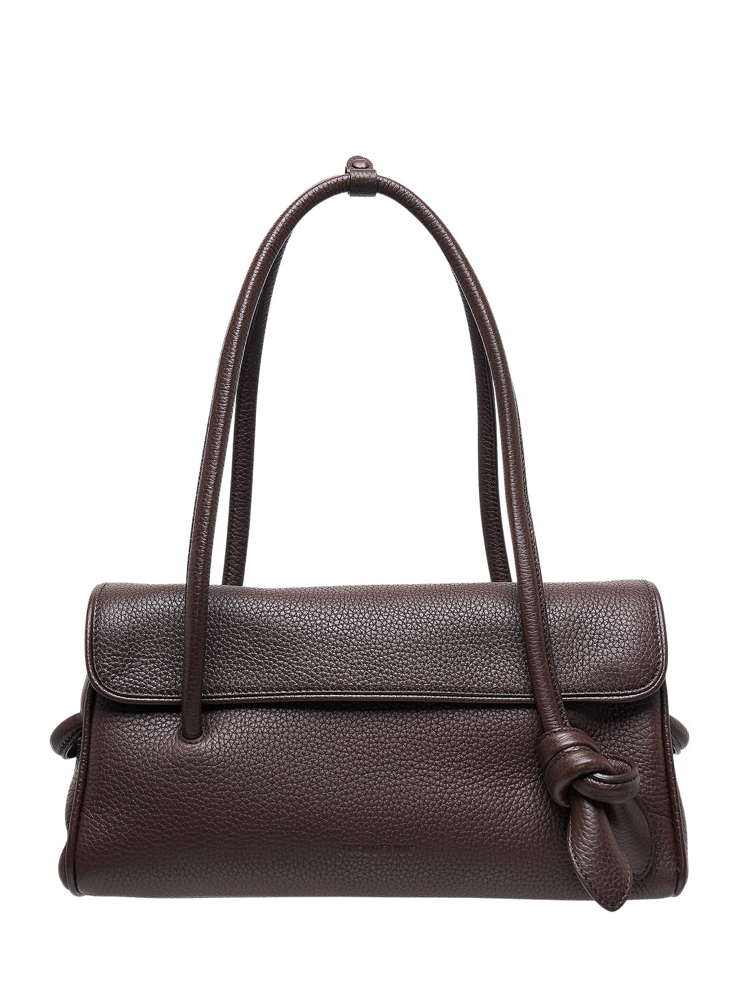Jacquemus Le Turismo Long shoulder bag in dark brown grained leather with rolled handles, fold-over flap and knotted detail