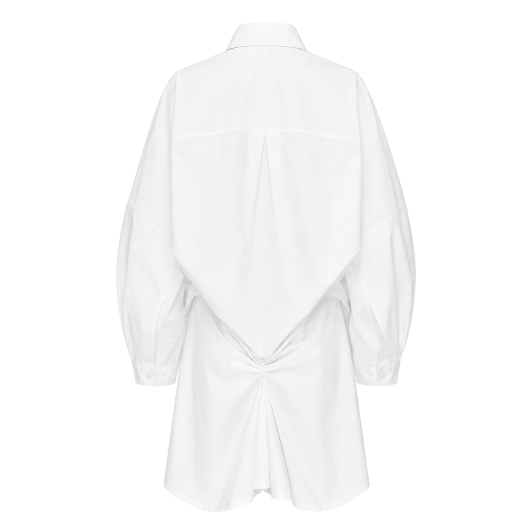 Jacquemus La Robe Colombe white long-sleeve mini dress with deep V-neckline, elasticated waist, front patch pocket, and navy logo tape at the back collar - view 2