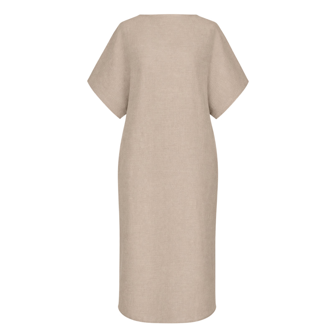 Jacquemus La Robe Poisson woven midi dress in natural beige, featuring a cocoon silhouette, angular short sleeves, and a wide boat neckline — back view on white background