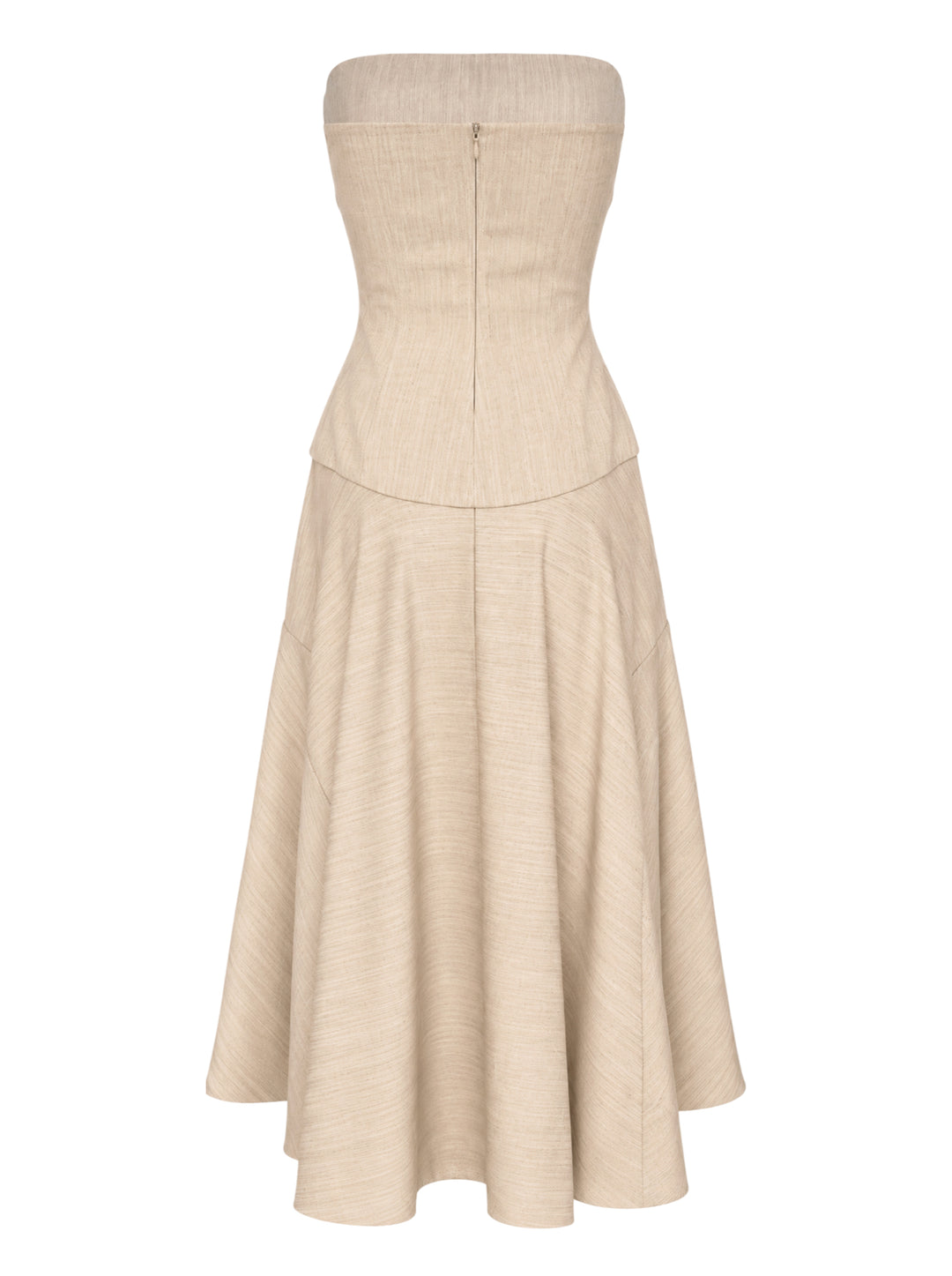 Jacquemus La Robe Paradiso strapless woven midi dress in oatmeal with a fitted bodice and flared asymmetric skirt - view 2