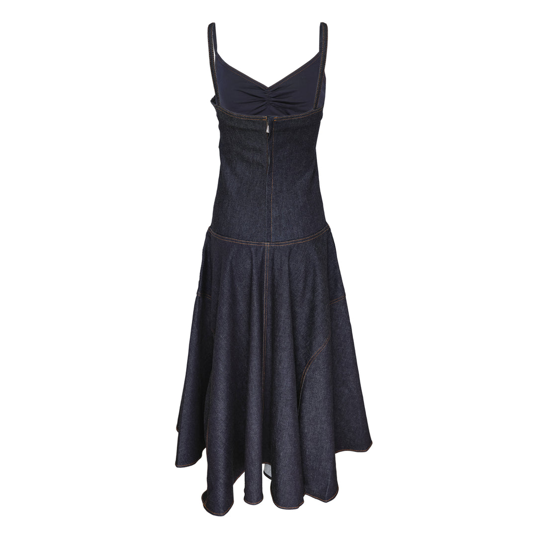Jacquemus Pina dark indigo denim midi dress with ruched V-neckline, spaghetti straps, and a full drop-waist flared skirt with contrast topstitching, displayed on a plain white background - view 2