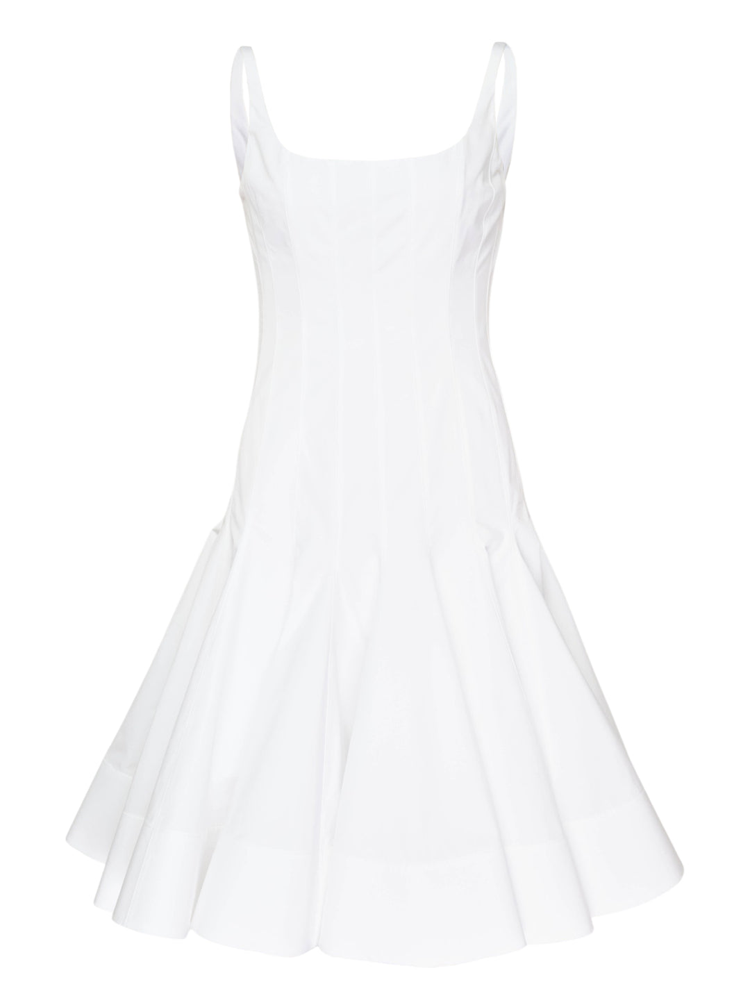 Jacquemus Agave Mini Woven Dress in white, featuring a fitted corset bodice with shaped seaming, wide shoulder straps, and a dramatically flared pleated skirt
