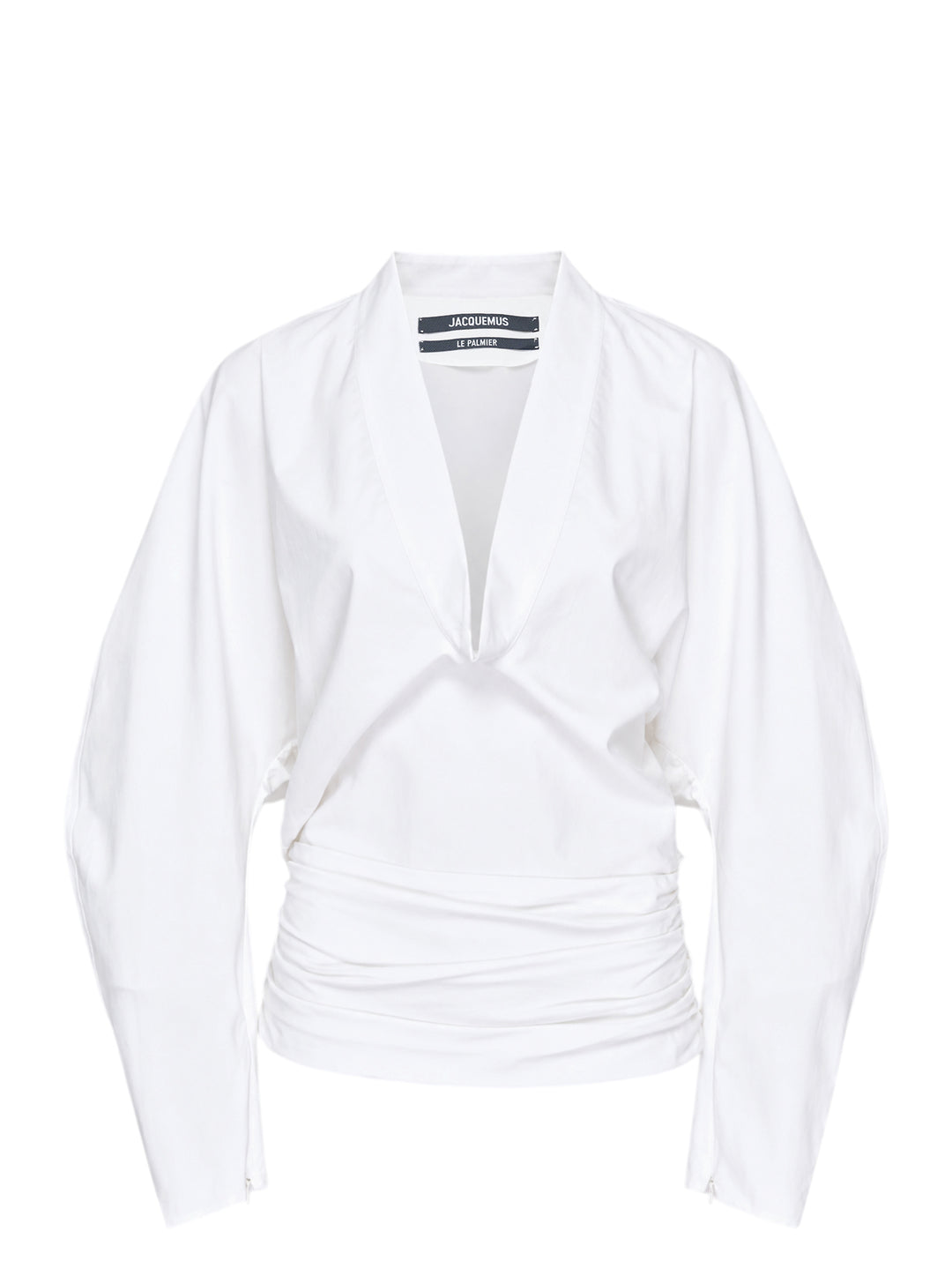 Jacquemus La Blouse Colombe white woven blouse with plunging V-neckline, voluminous sleeves and ruched waist