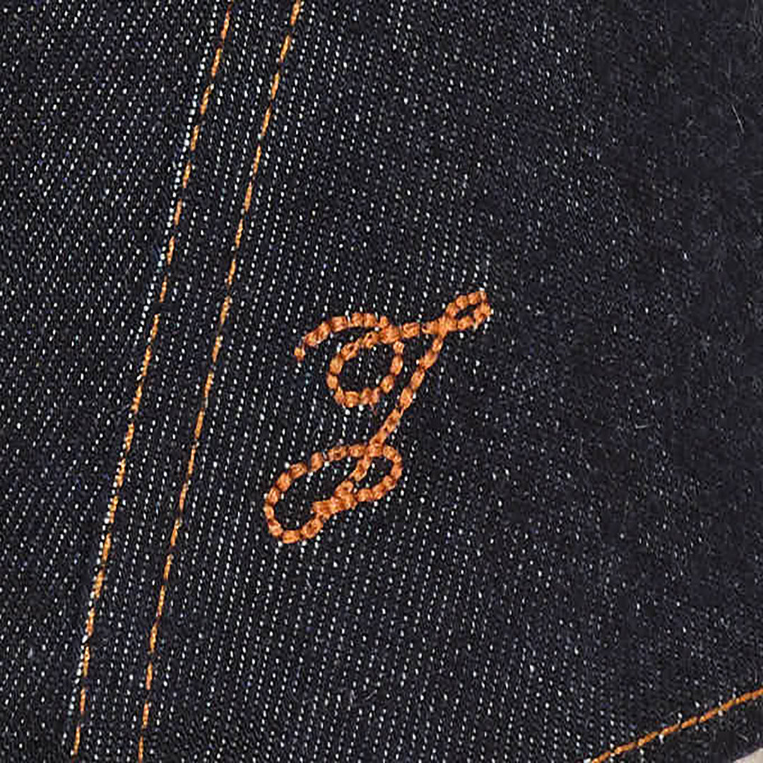 Jacquemus Pina dark indigo denim tank top with V-neckline, central ruched twist detail, slim spaghetti straps, contrast amber topstitching, and embroidered script logo at the hem - view 3