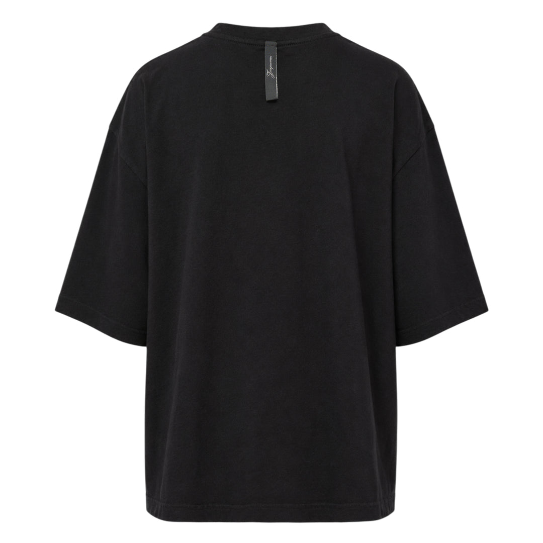 Jacquemus black oversized short-sleeve t-shirt with embroidered cursive logo across the chest and ribbed crew neckline, displayed on a white background - view 2