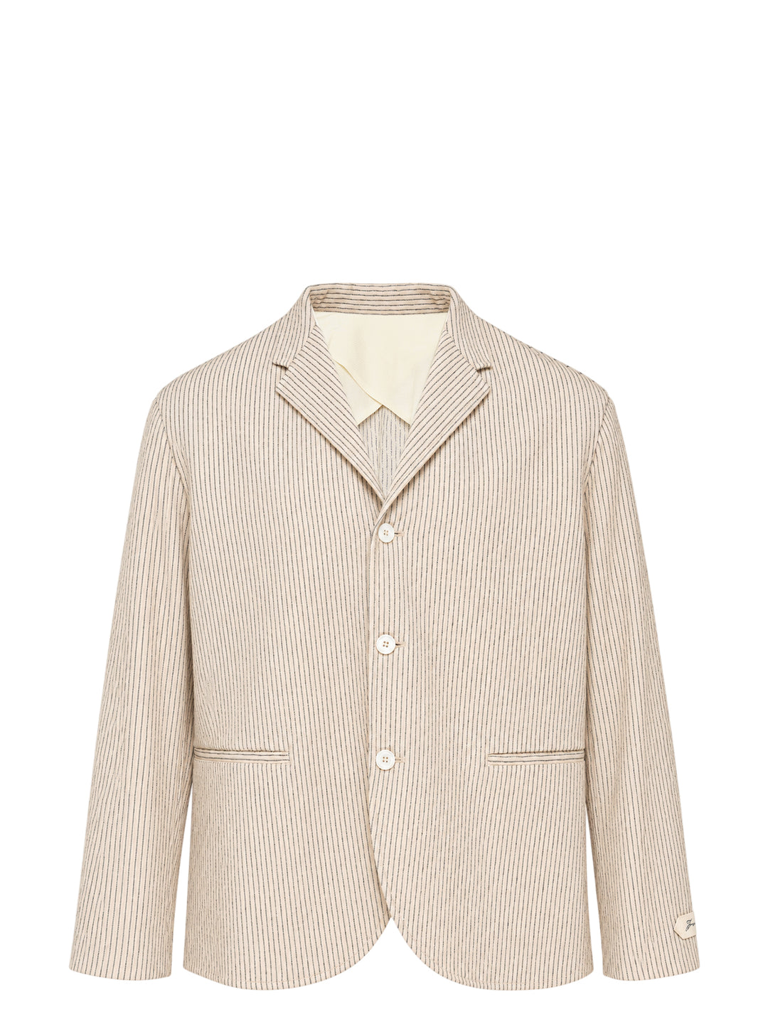 Jacquemus La Veste Palmier cream pinstriped three-button blazer with notched lapel, welt pockets and curved hem