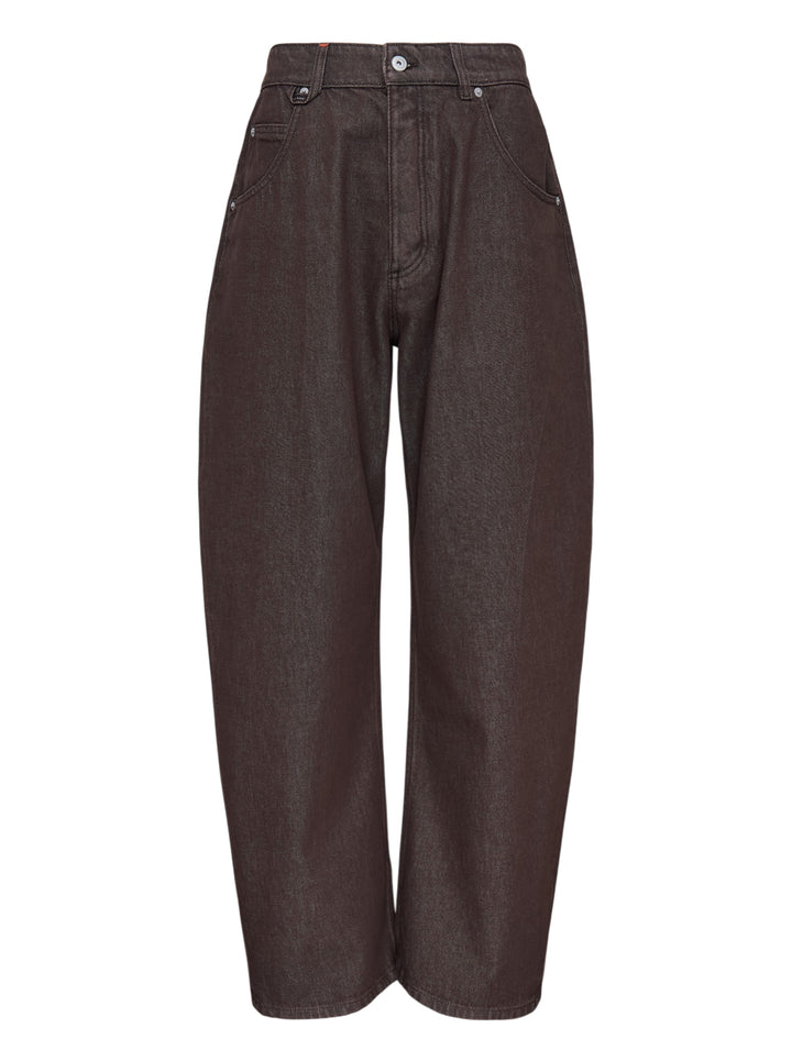 Jacquemus Le De-Nîmes Tempo high-rise curved wide-leg jeans in brown denim, front view