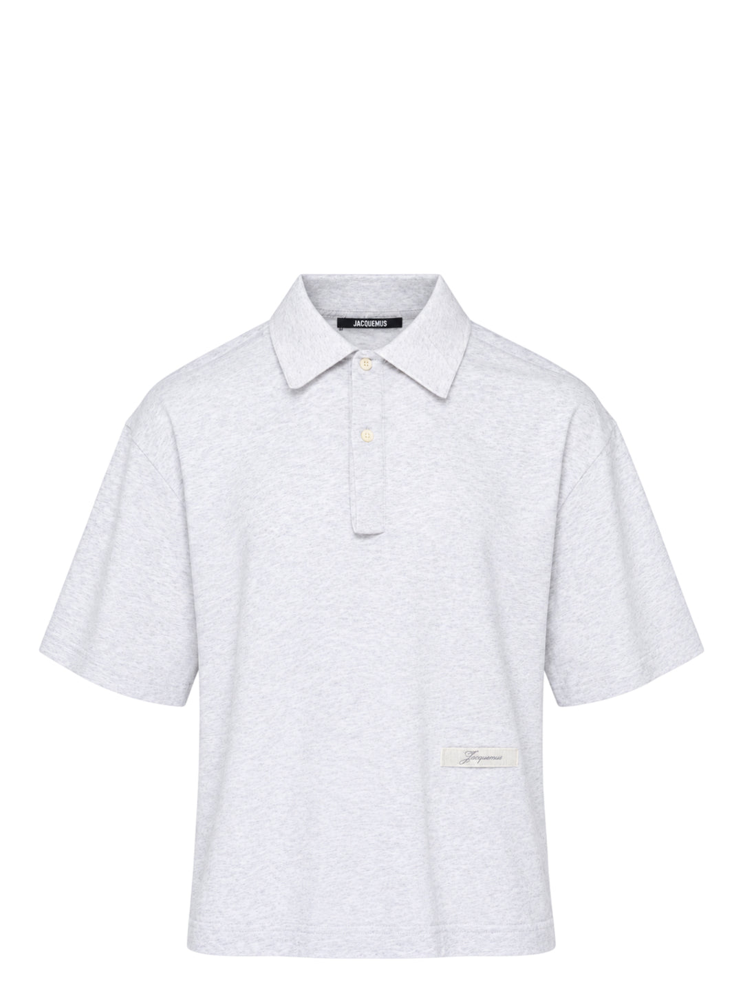 Jacquemus Le Polo Ruban in heather grey with a pointed collar, two-button placket and woven ribbon label at the hem
