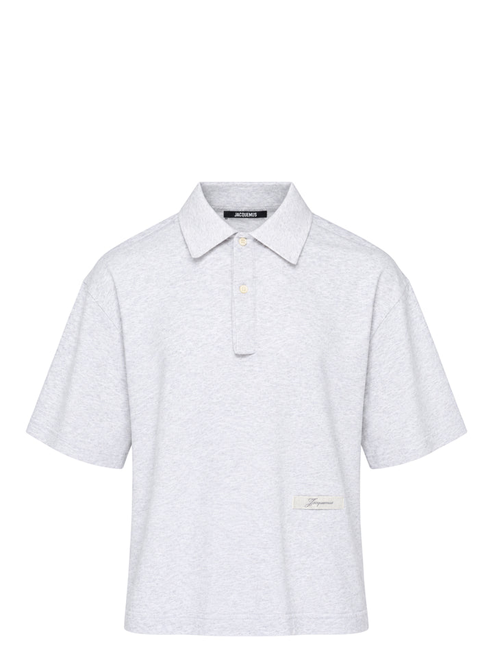 Jacquemus Le Polo Ruban in heather grey with a pointed collar, two-button placket and woven ribbon label at the hem