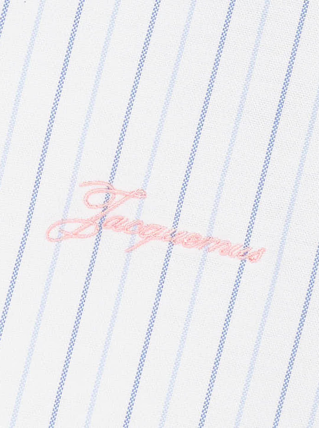 Jacquemus Cuadro long sleeve shirt in white with blue pinstripes, chest pocket and pink script logo embroidery - view 3