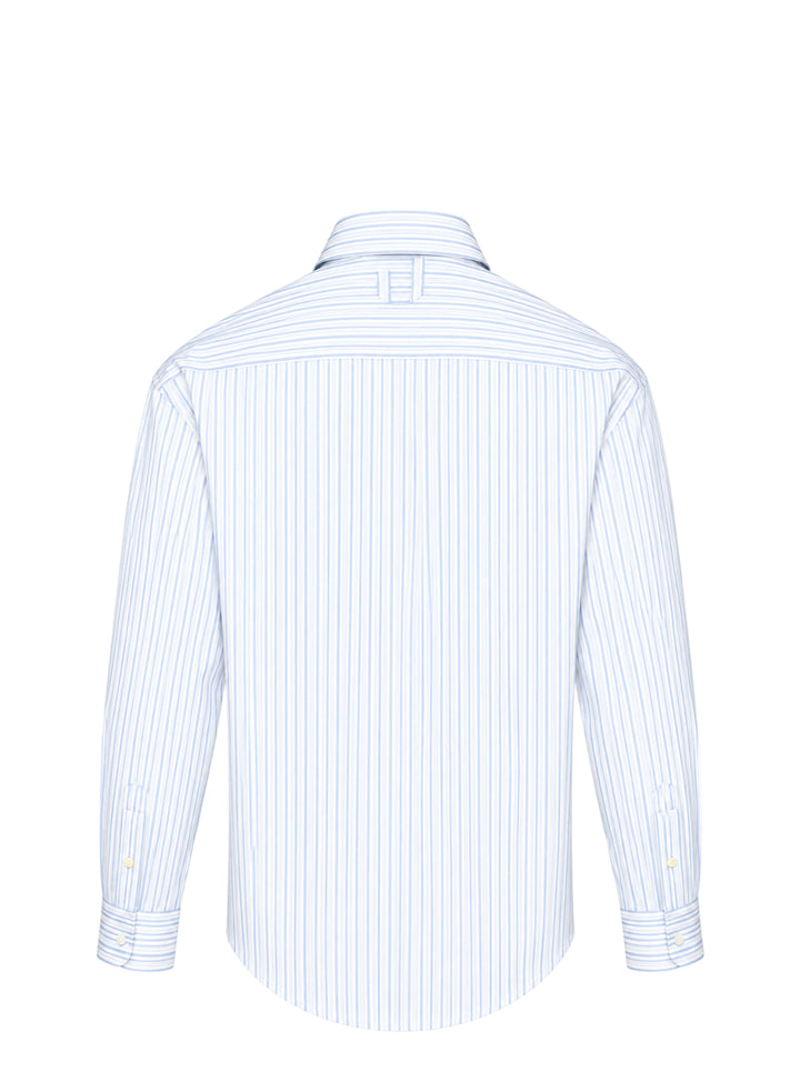 Jacquemus Simon long sleeve shirt in blue and white pinstripe with a script 'J' patch on the chest - view 2