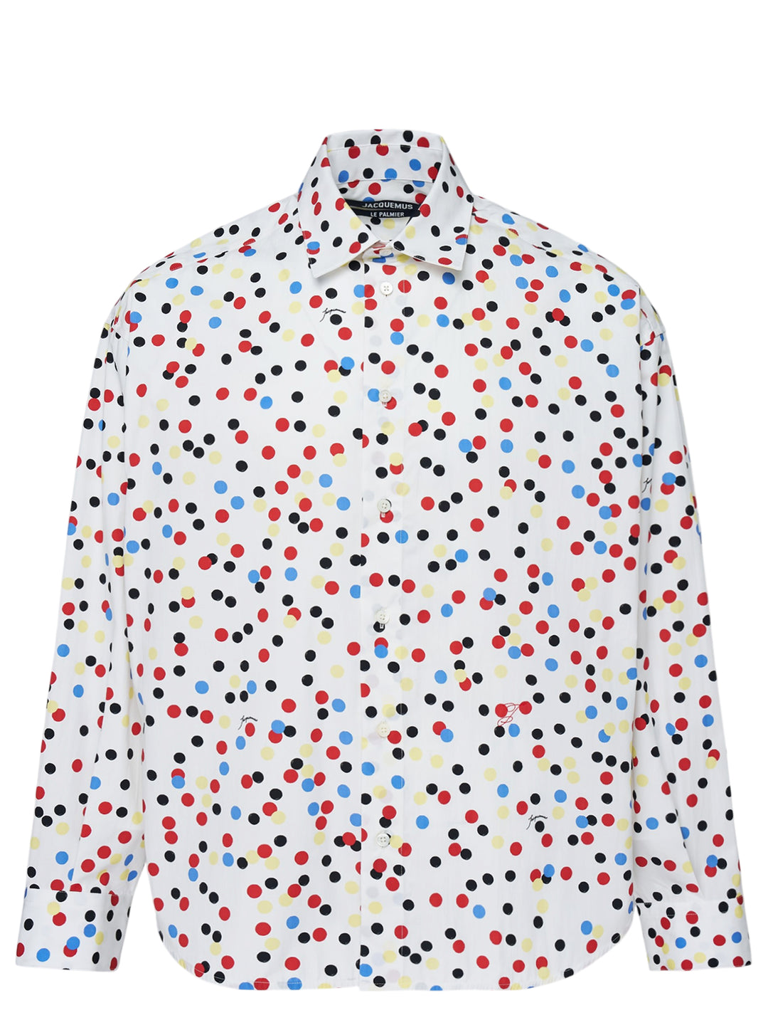 Jacquemus La Chemise Losange long sleeve white shirt with red, blue, yellow, and black polka dot print, front view