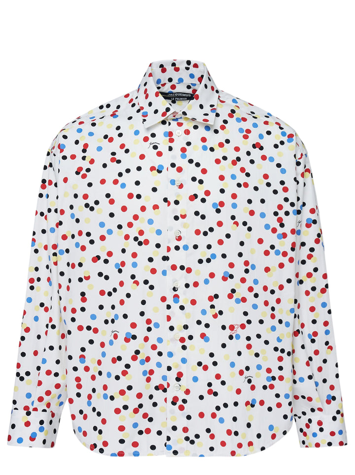 Jacquemus La Chemise Losange long sleeve white shirt with red, blue, yellow, and black polka dot print, front view