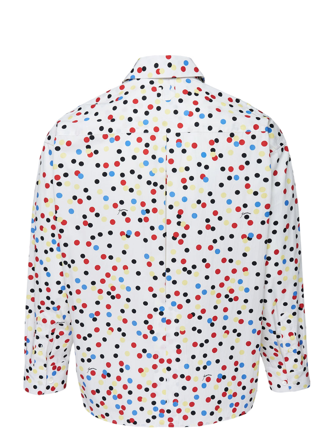 Jacquemus La Chemise Losange long sleeve white shirt with red, blue, yellow, and black polka dot print, front view - view 2