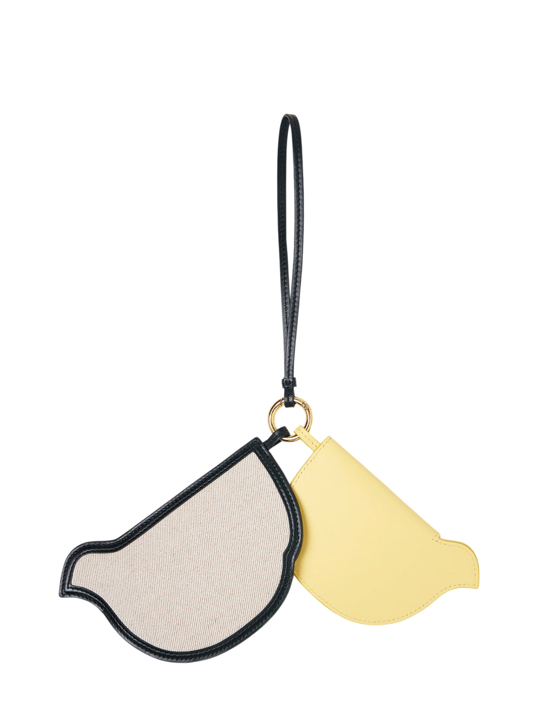 Jacquemus Les Poussins pair of bird-shaped coin pouches, one in yellow leather and one in natural canvas with black trim, hanging from a black leather loop and gold-tone ring - view 2