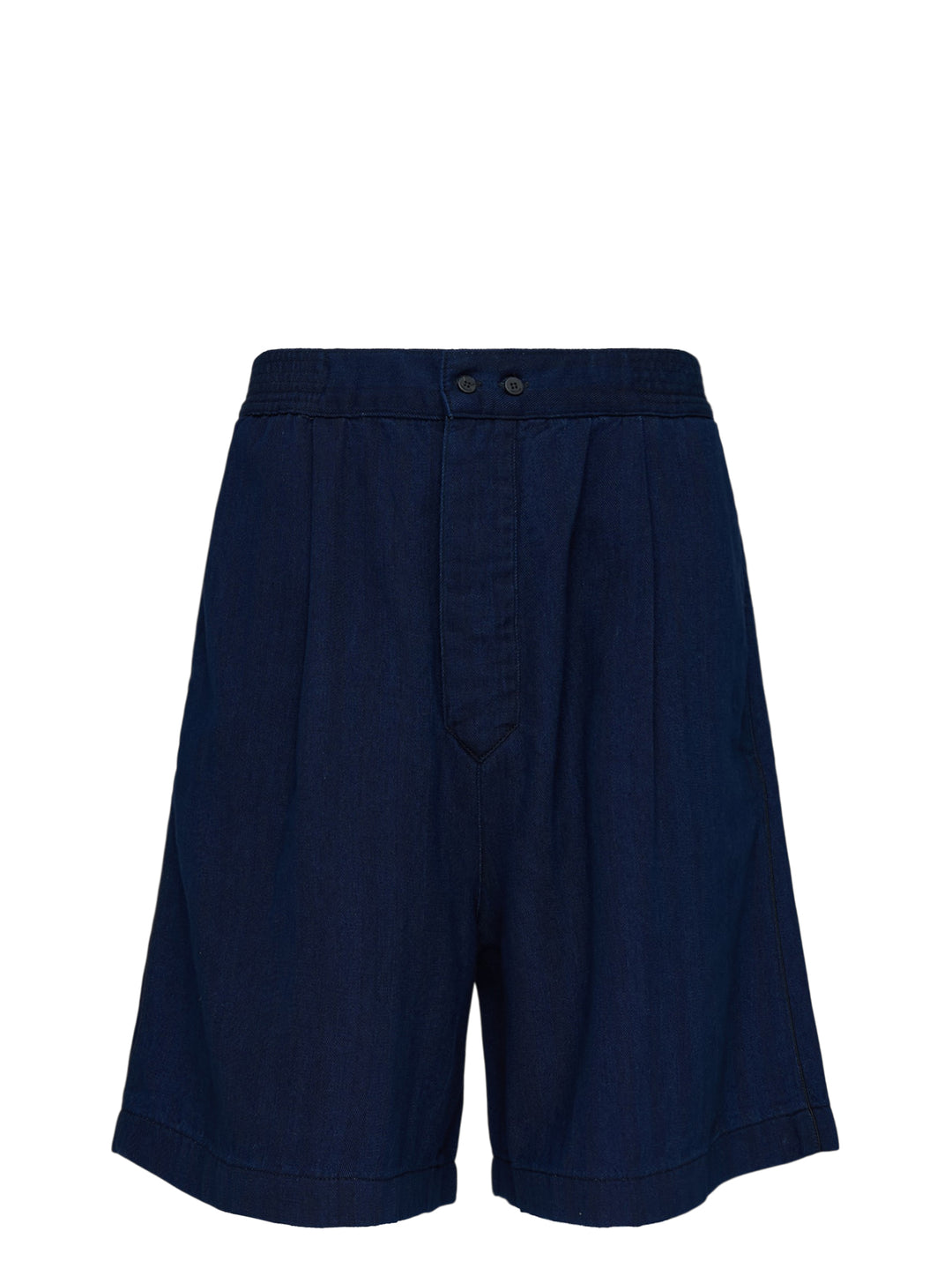 Jacquemus Le Short De-Nîmes Venice relaxed pleated shorts in deep indigo denim with elasticated waistband and button placket