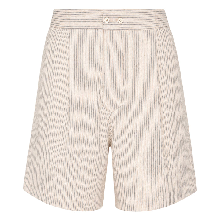 Jacquemus Pyjama Shorts in off-white pinstripe fabric with pleated front, two-button waistband, and relaxed wide-leg silhouette